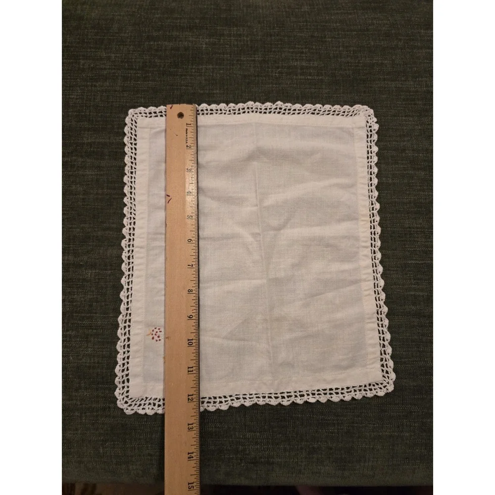 Vintage White Linen Small Tabletop Mat Lace Trim Hand Embroidered Floral 13x11